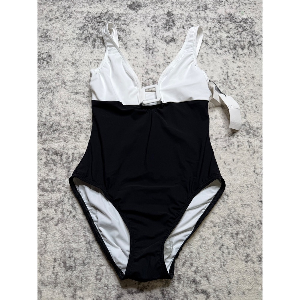 KARLA COLLETTO Mira One Piece Swimsuit Black White Buckle V-Neck Women's US8 NEW